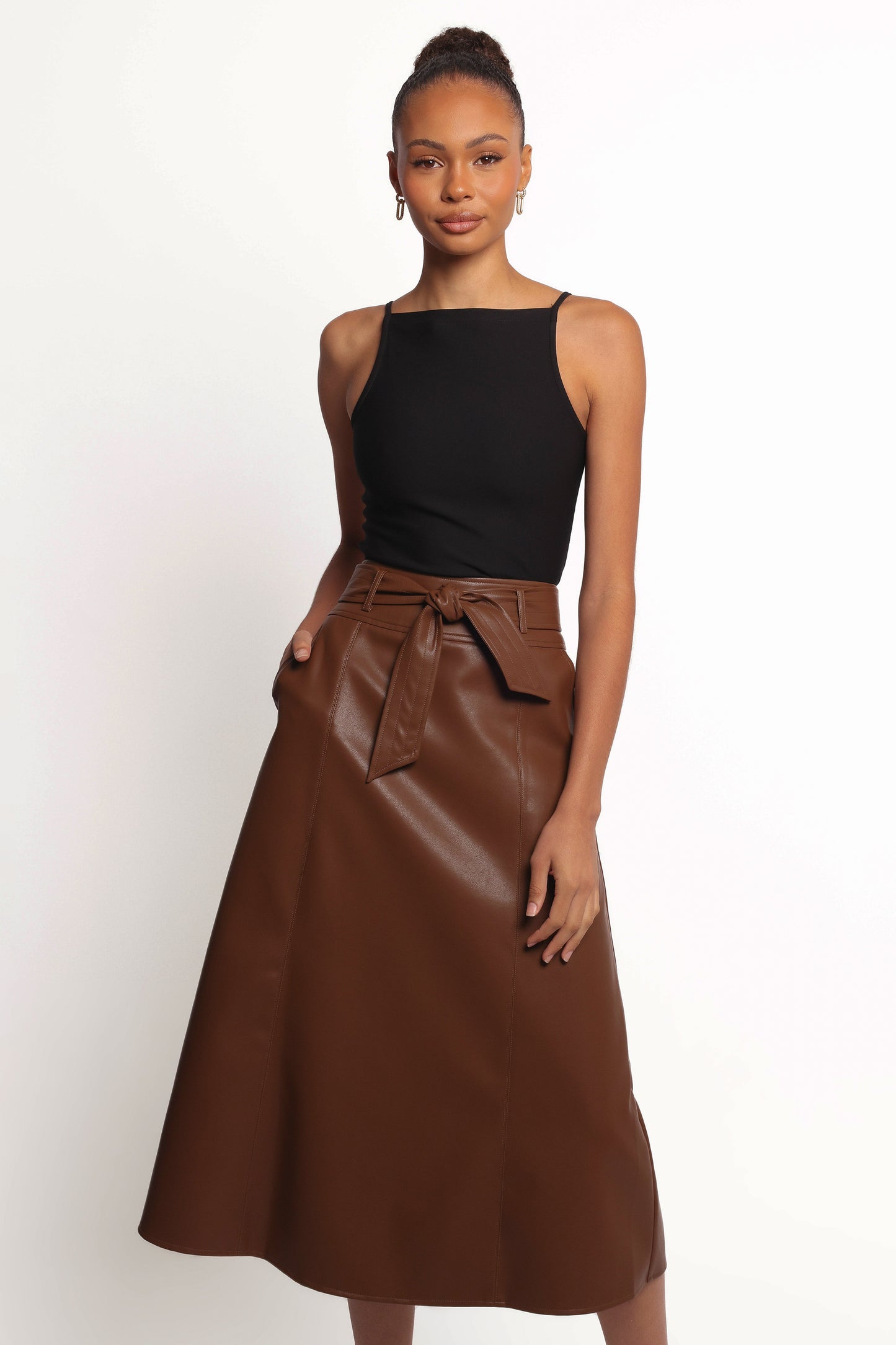 Adaline Faux Leather Midi Skirt - Brown