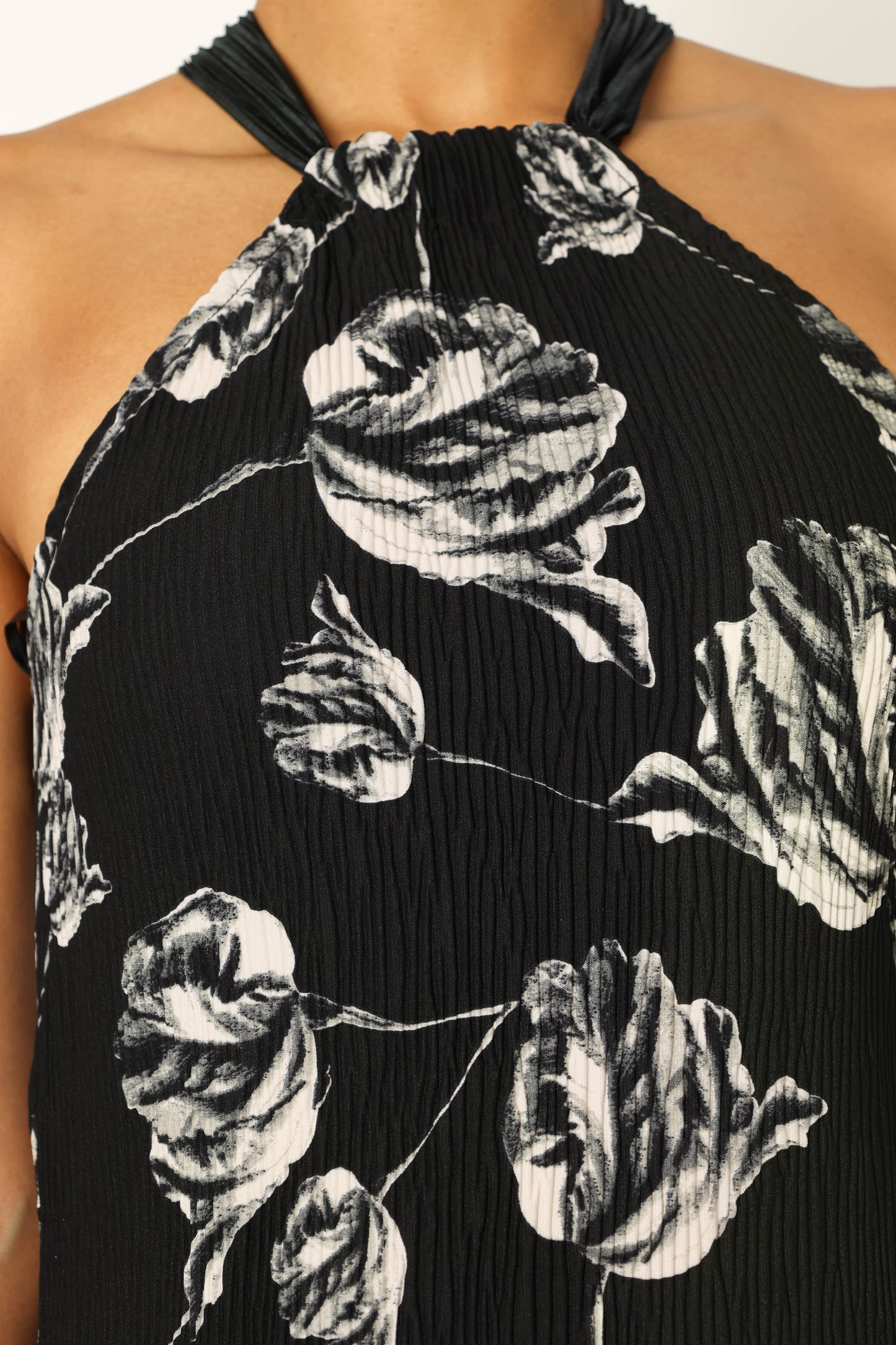 Melody Plisse Halter Maxi Dress - Black Floral