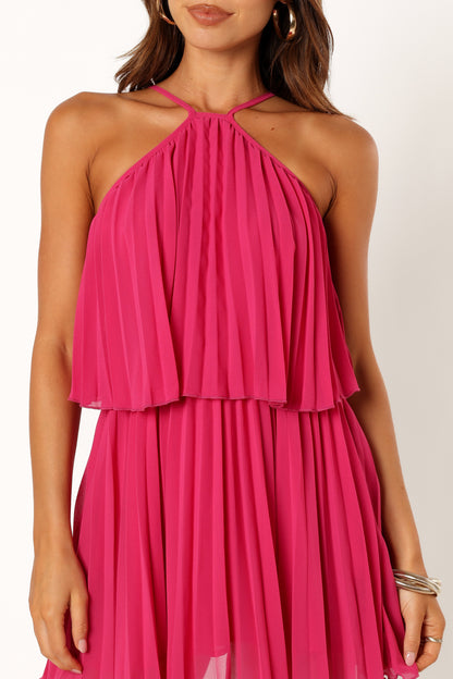 Gia Pleated Halterneck Mini Dress - Hot Pink