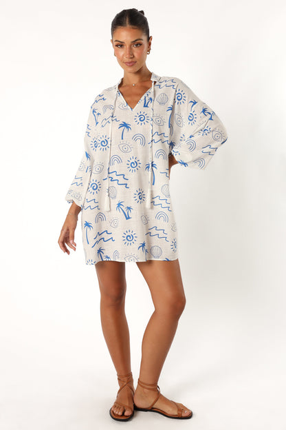 Laila Long Sleeve Linen Mini Dress - White Blue