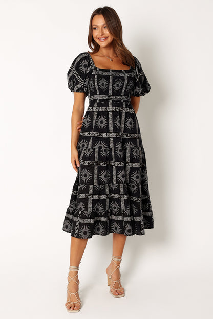 Soliel Puff Sleeve Midi Dress - Black Tan