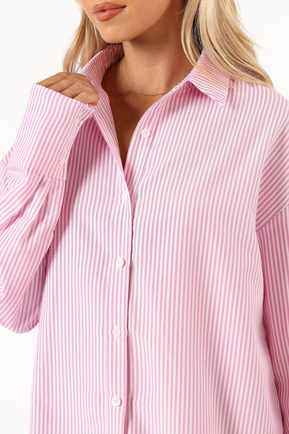 Murphy Button Up Long Sleeve Top - Pink Stripe